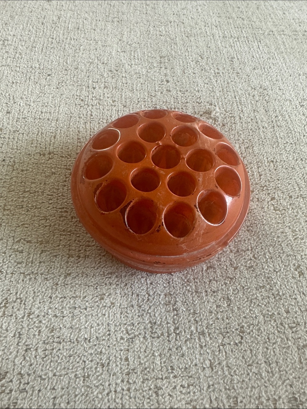 Vintage Marigold Carnival Glass Flower Frog - 19 Hole, 3.5” Diameter